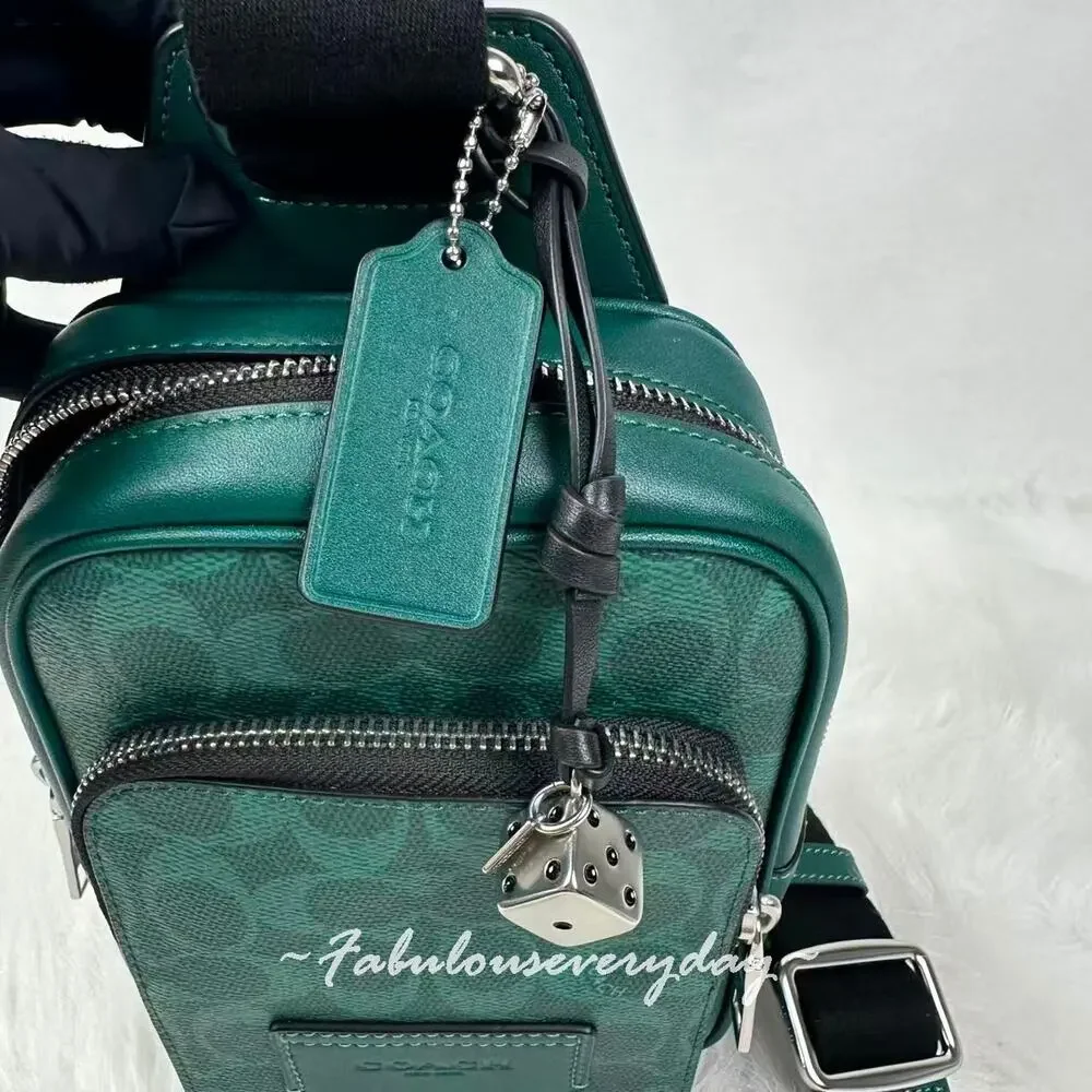 Coach Racer Sling Pack Signature Canvas With Charms/Silver/Sea Green CEB27 NWT